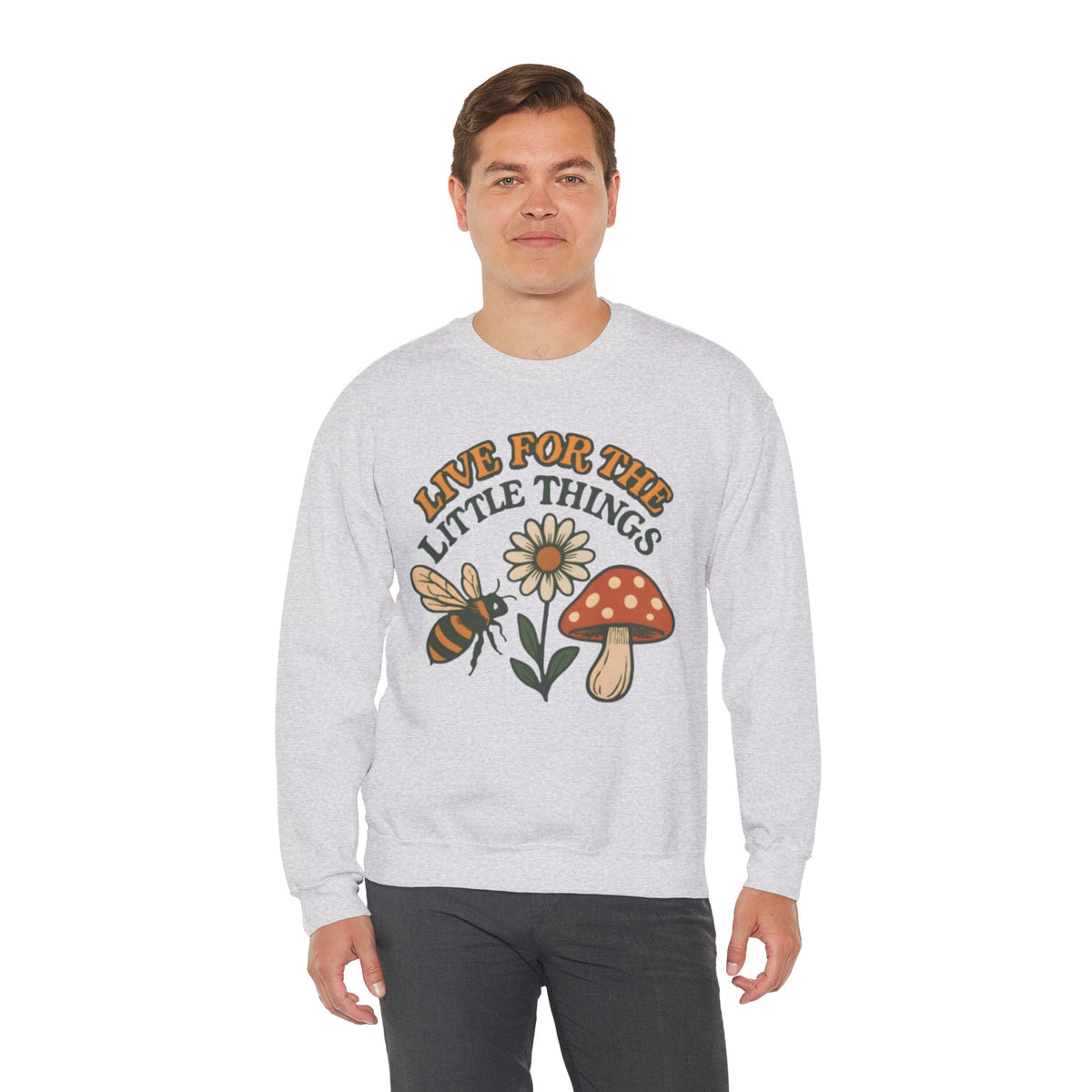 "Live For The Little Things" Bee, Daisy & Mushroom Retro Nature Design Crewneck Sweatshirt