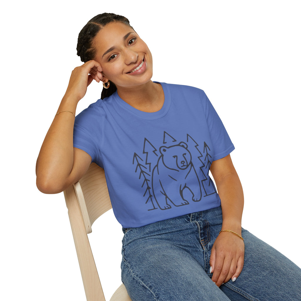 Bear & Pines T-Shirt — Minimal Line Drawing Woodland Tee