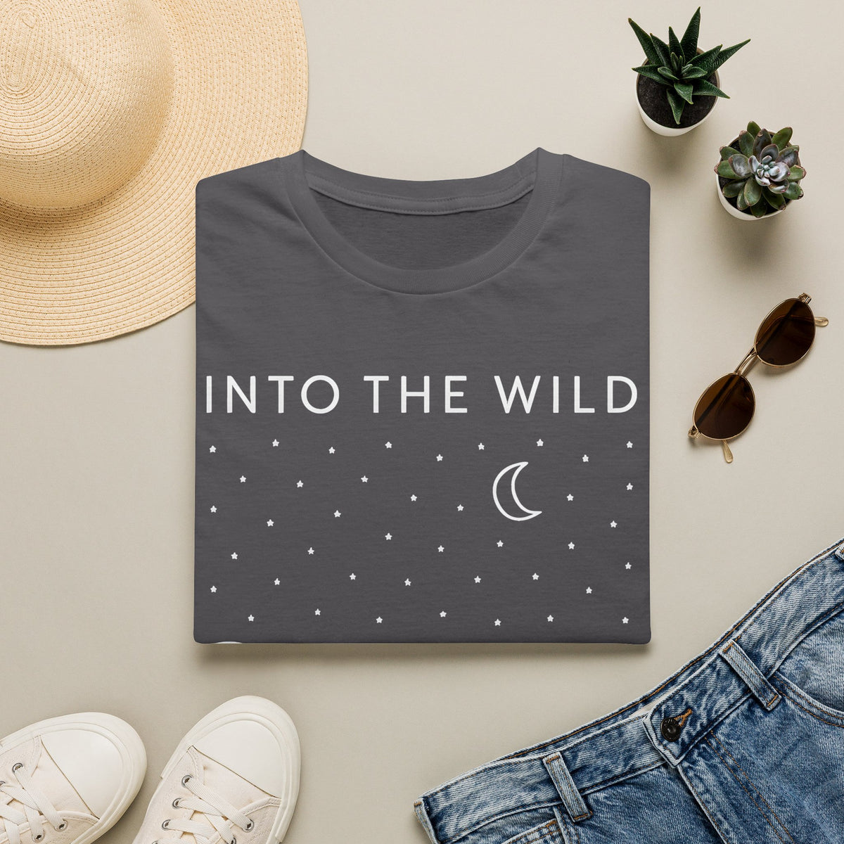 Into The Wild Canoe T-Shirt - Minimal Night Sky Lake Camping Tee