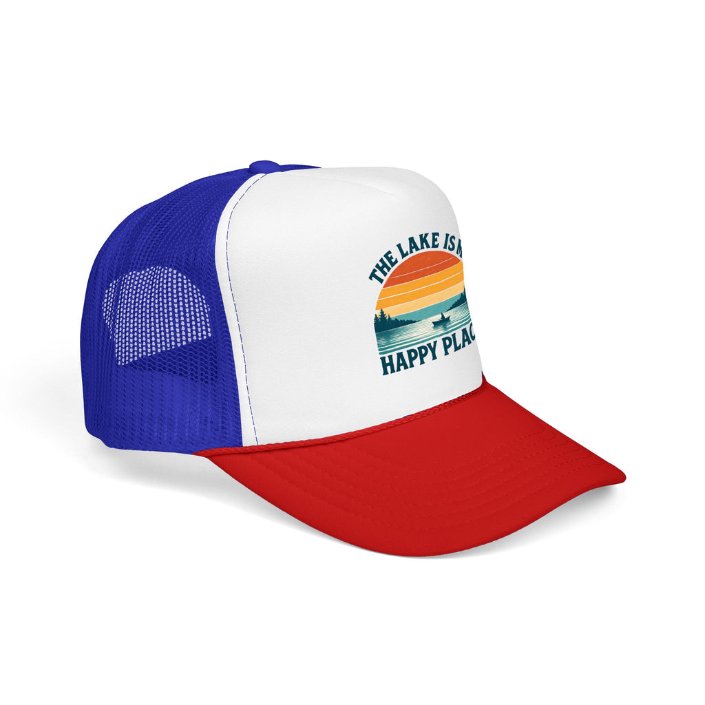 Lake Is My Happy Place Trucker Hat — Vintage Sunset Fishing Foam Cap