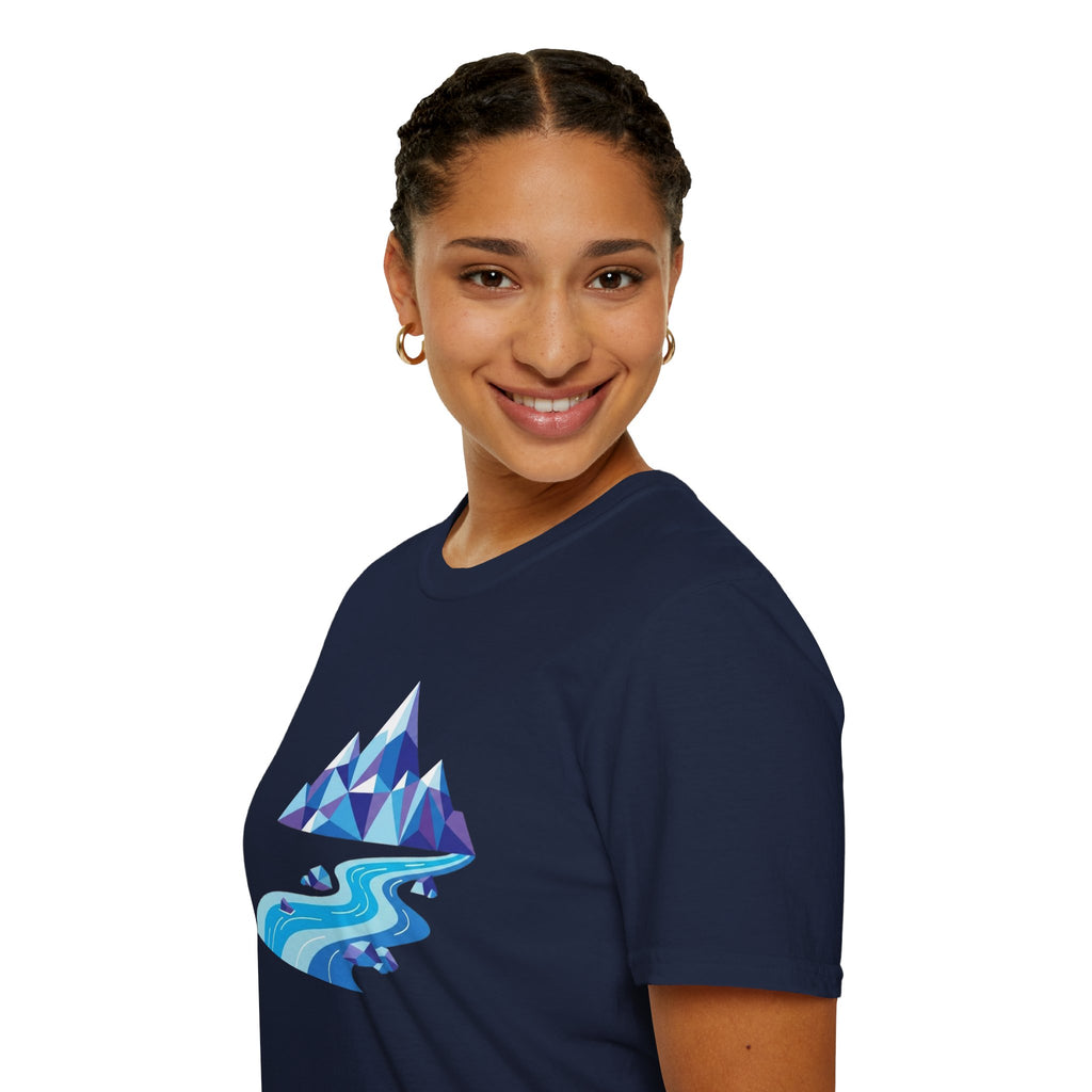 Mountain River T-Shirt — Geometric Blue Peaks & Flowing River