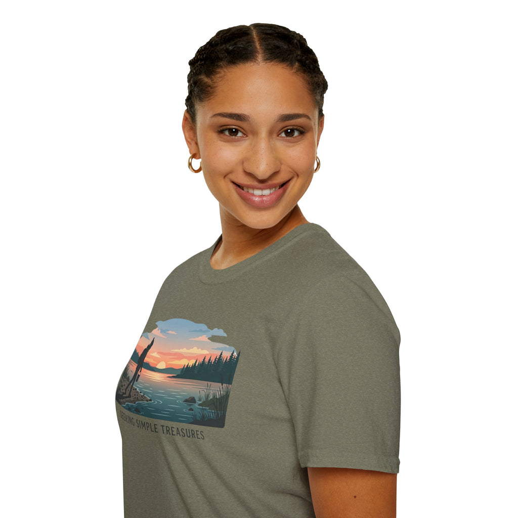 Outdoor T-Shirt — "Seeking Simple Treasures" Sunset Hiker Graphic