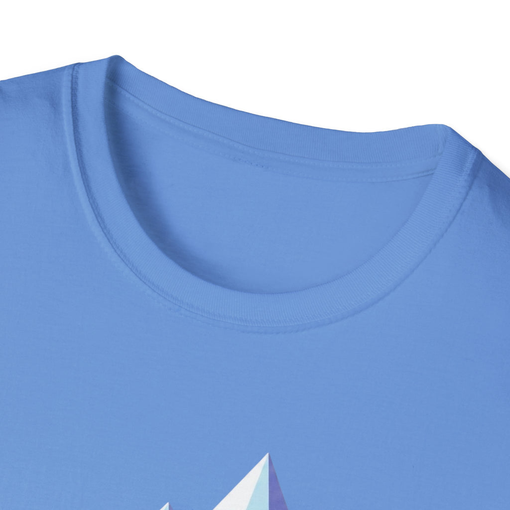 Mountain River T-Shirt — Geometric Blue Peaks & Flowing River