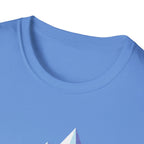 Mountain River T-Shirt — Geometric Blue Peaks & Flowing River