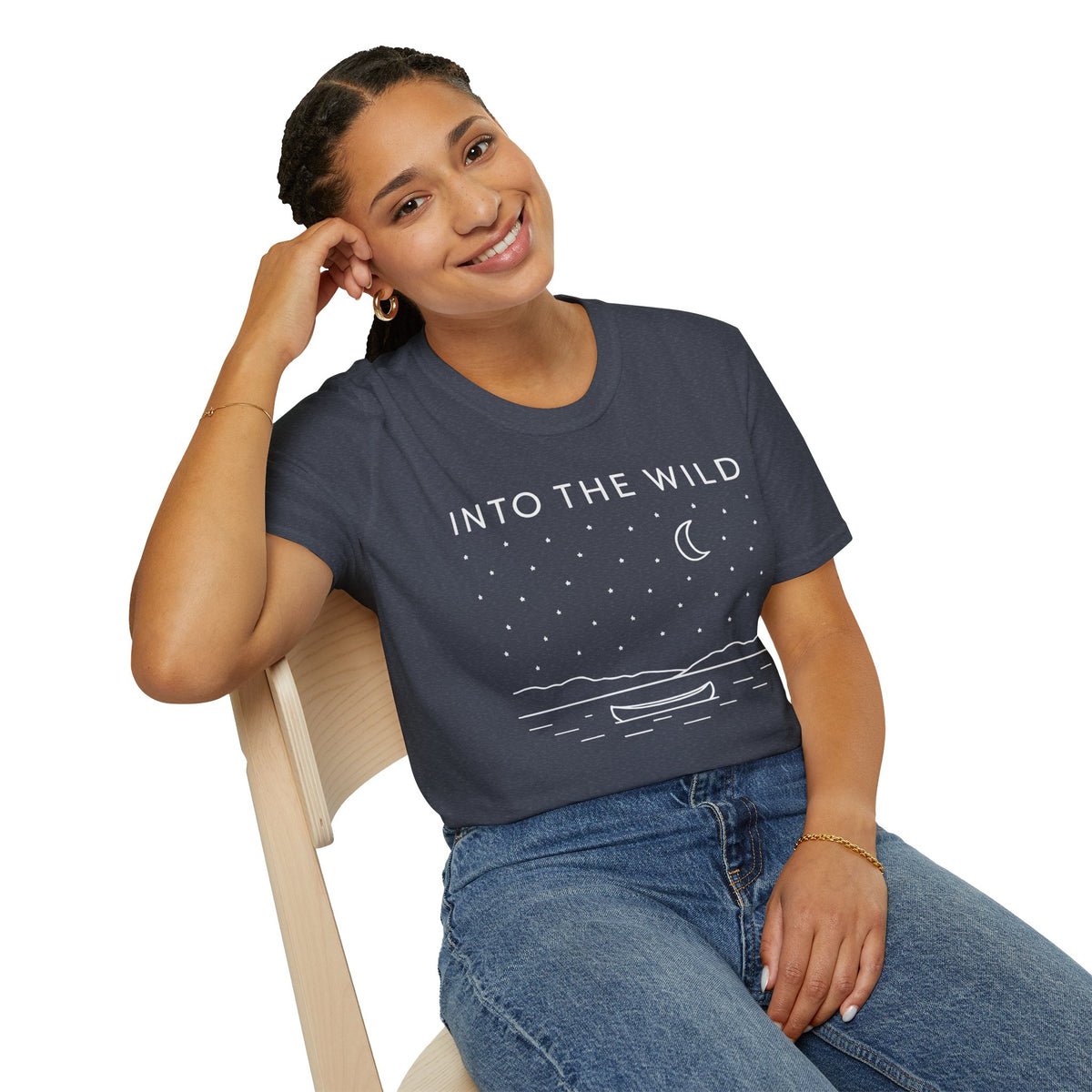 Into The Wild Canoe T-Shirt - Minimal Night Sky Lake Camping Tee