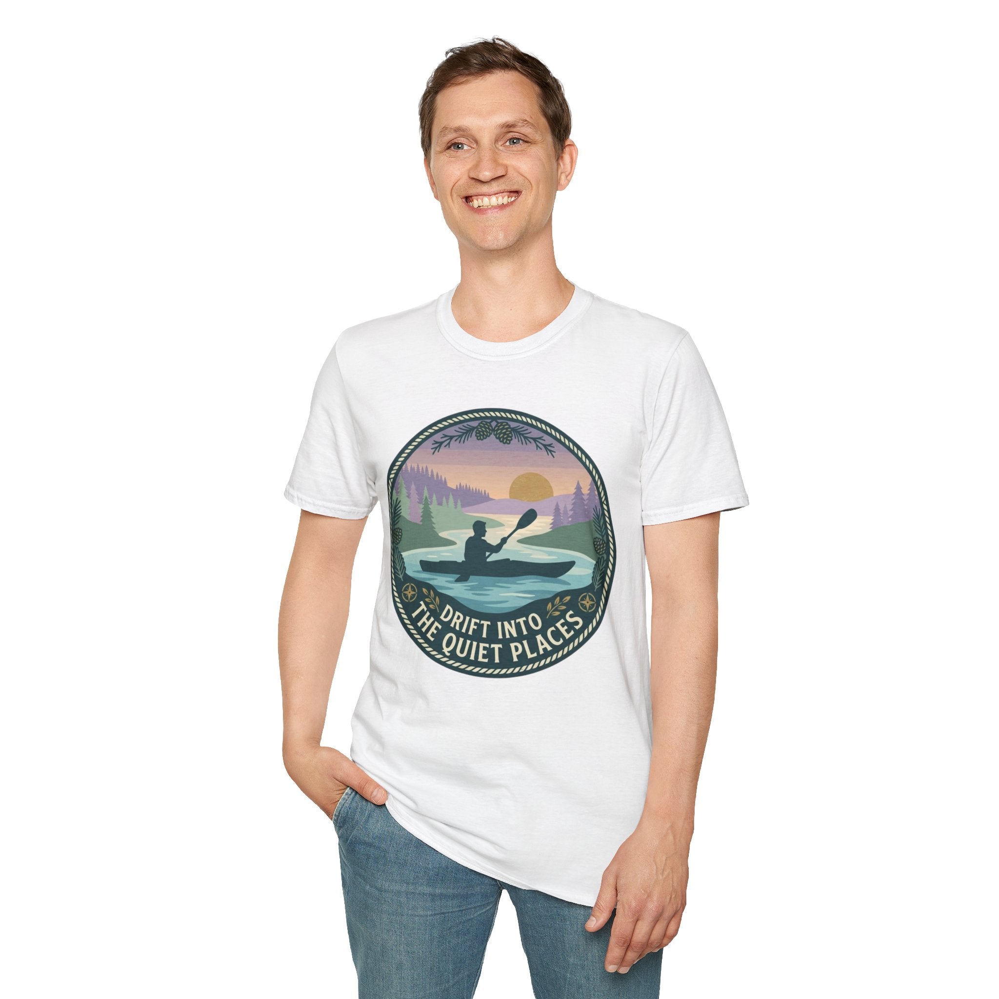 Kayak Sunset T‑Shirt — "Drift Into The Quiet Places" Outdoor Relaxation Tee