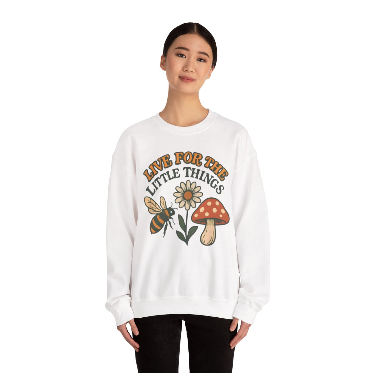 "Live For The Little Things" Bee, Daisy & Mushroom Retro Nature Design Crewneck Sweatshirt