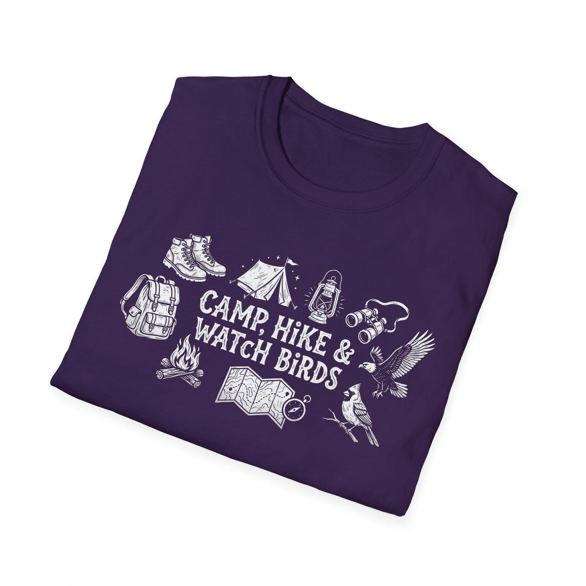 "Camp, Hike & Watch Birds" T-Shirt — Outdoor Camping Hiking Birdwatching Graphic Tee Shirt