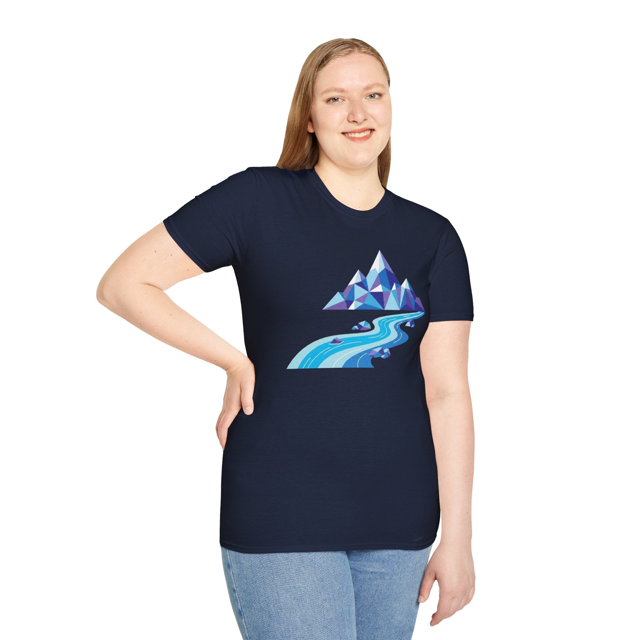 Mountain River T-Shirt — Geometric Blue Peaks & Flowing River