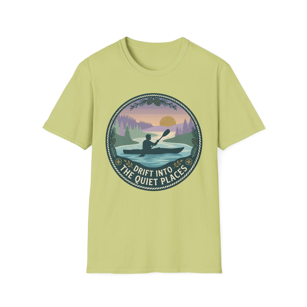 "Drift Into The Quiet Places" Kayak Sunset T‑Shirt — Outdoor Relaxation Tee Shirt