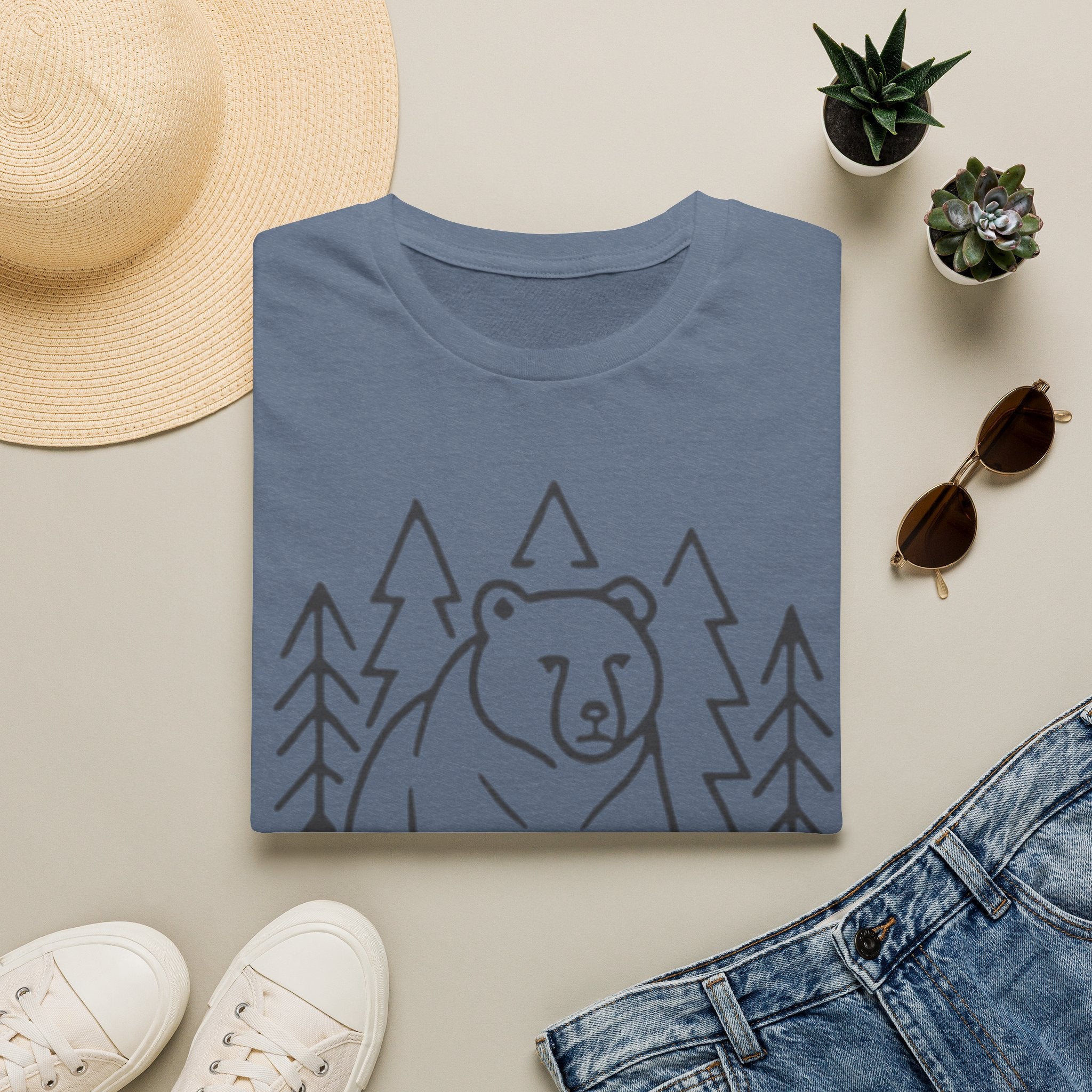 Bear & Pines T-Shirt — Minimal Line Drawing Woodland Tee