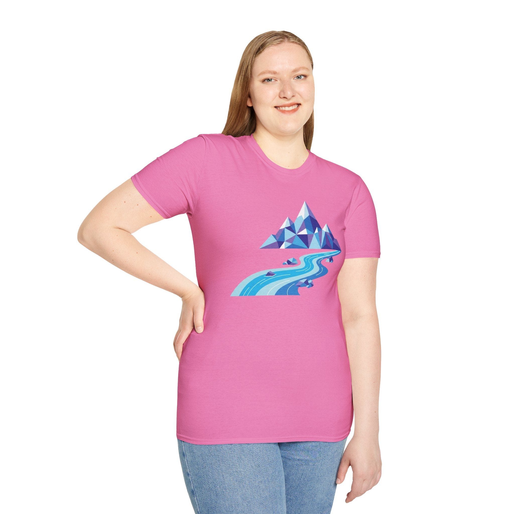 Mountain River T-Shirt — Geometric Blue Peaks & Flowing River