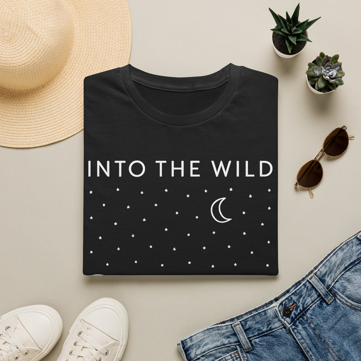 Into The Wild Canoe T-Shirt - Minimal Night Sky Lake Camping Tee