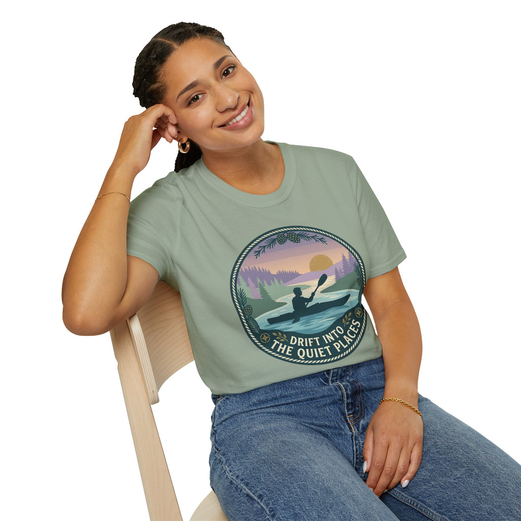 Kayak Sunset T‑Shirt — "Drift Into The Quiet Places" Outdoor Relaxation Tee
