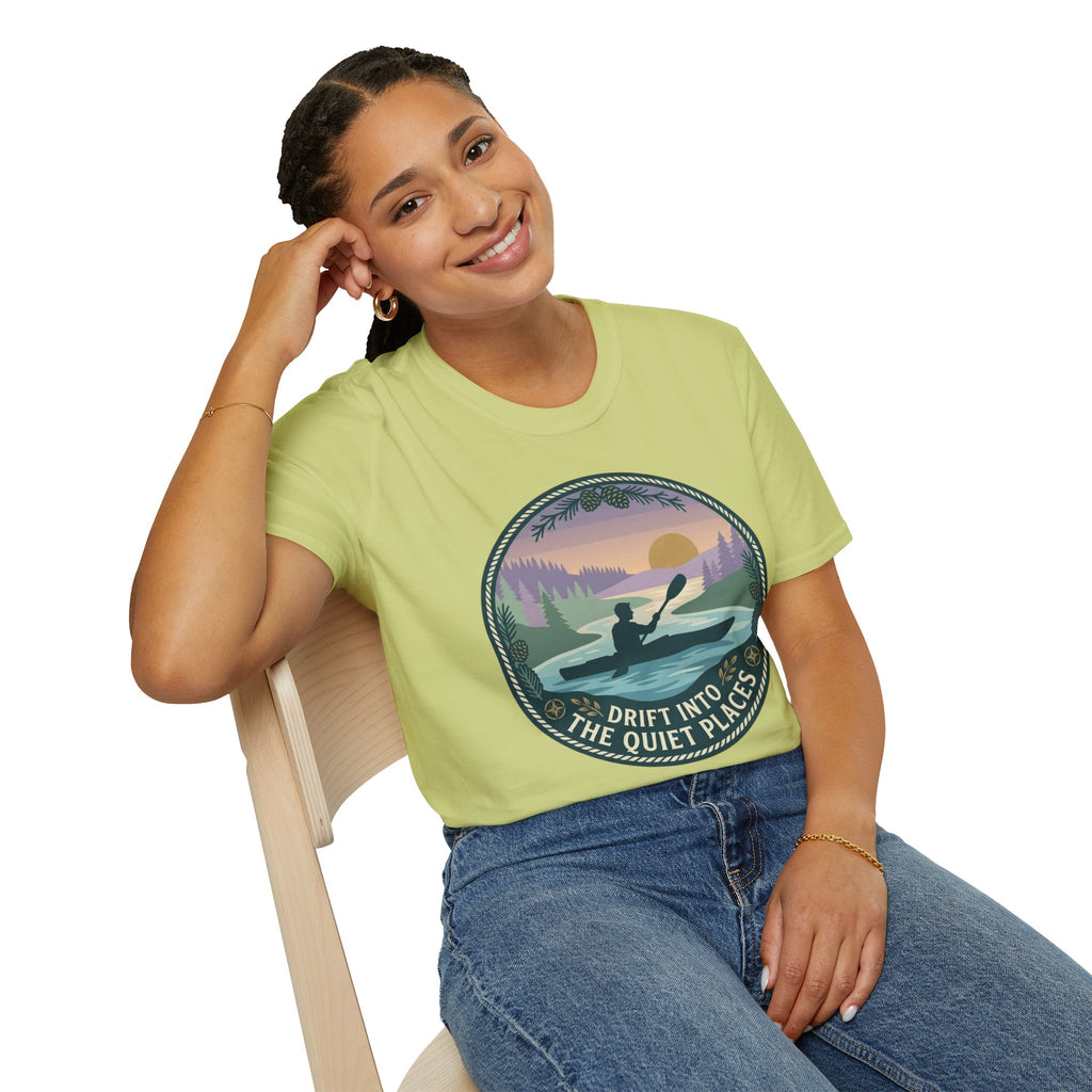 "Drift Into The Quiet Places" Kayak Sunset T‑Shirt — Outdoor Relaxation Tee Shirt