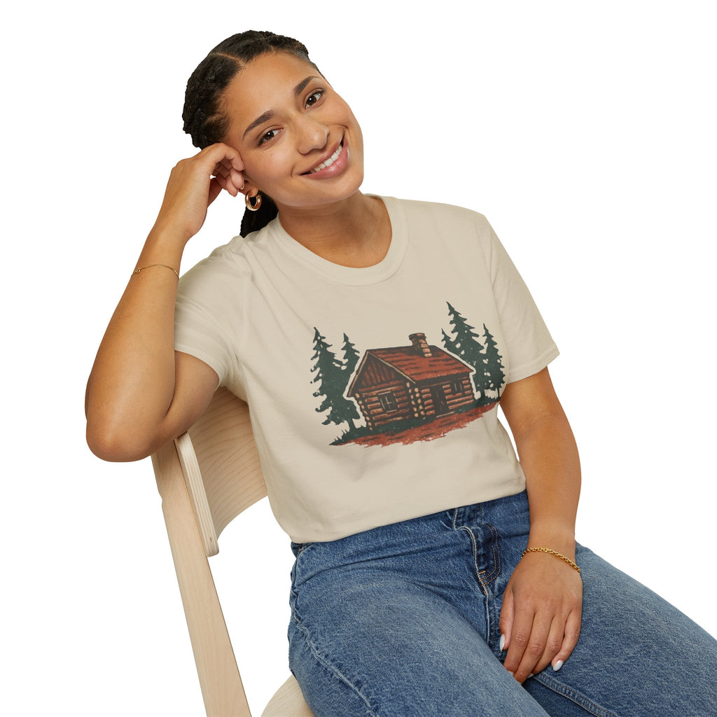 Vintage Cozy Cabin T-Shirt — Faded Pine Tree Cabin Tee