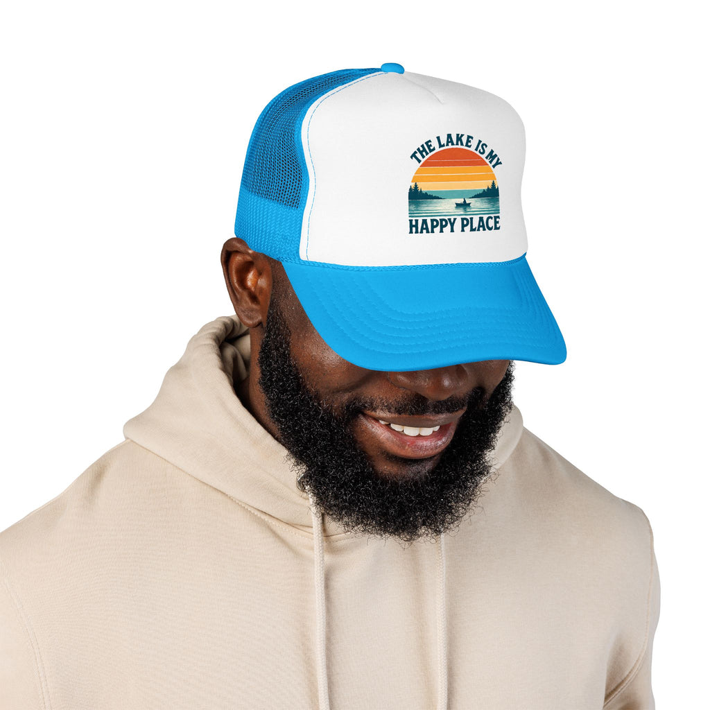 Lake Is My Happy Place Trucker Hat — Vintage Sunset Fishing Foam Cap