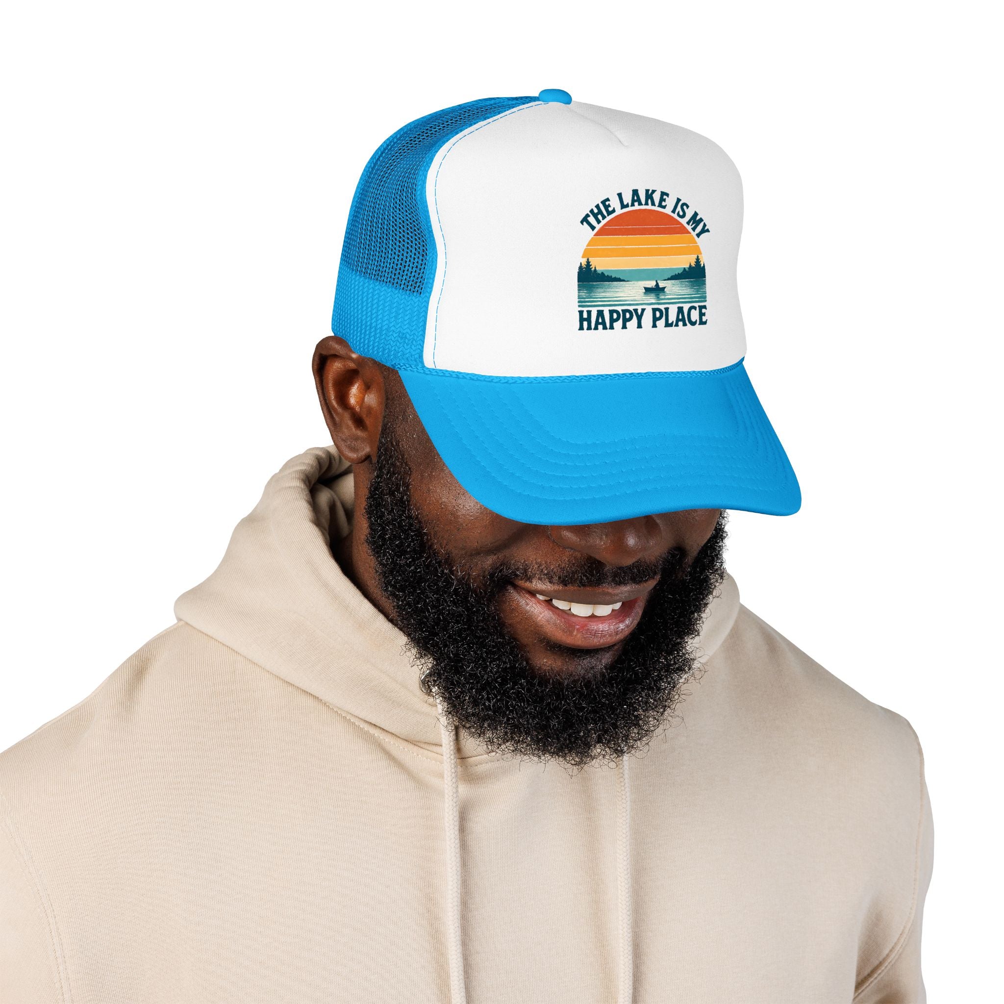 Lake Is My Happy Place Trucker Hat — Vintage Sunset Fishing Foam Cap