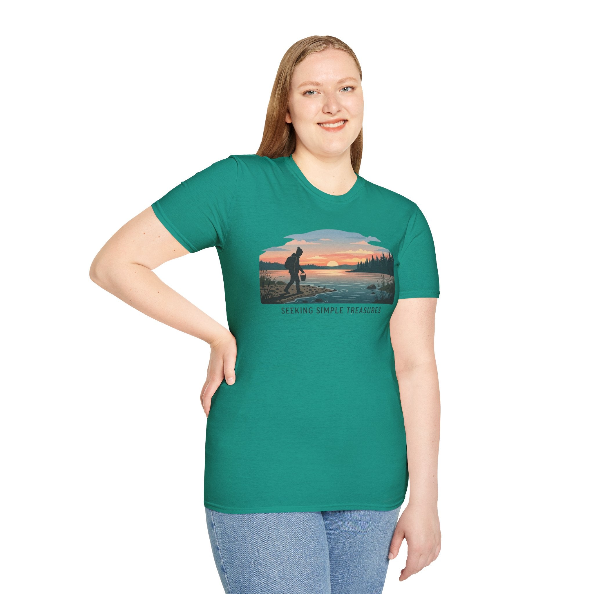 Outdoor T-Shirt — "Seeking Simple Treasures" Sunset Hiker Graphic