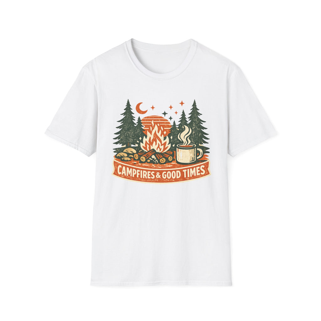 "Campfires & Good Times" T-Shirt — Retro Camping Tee with Bonfire, Trees & Coffee Mug