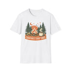 "Campfires & Good Times" T-Shirt — Retro Camping Tee with Bonfire, Trees & Coffee Mug
