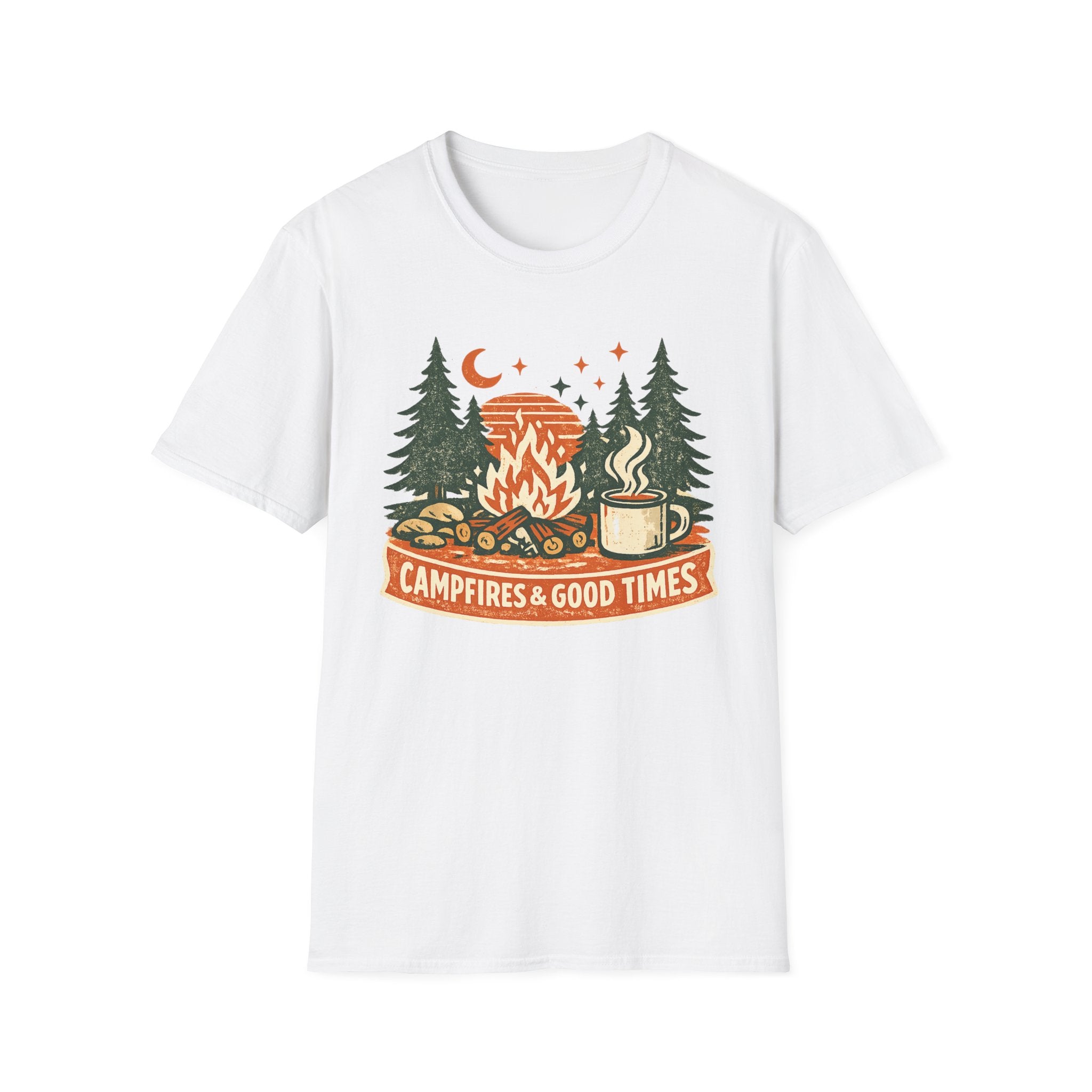 "Campfires & Good Times" T-Shirt — Retro Camping Tee with Bonfire, Trees & Coffee Mug