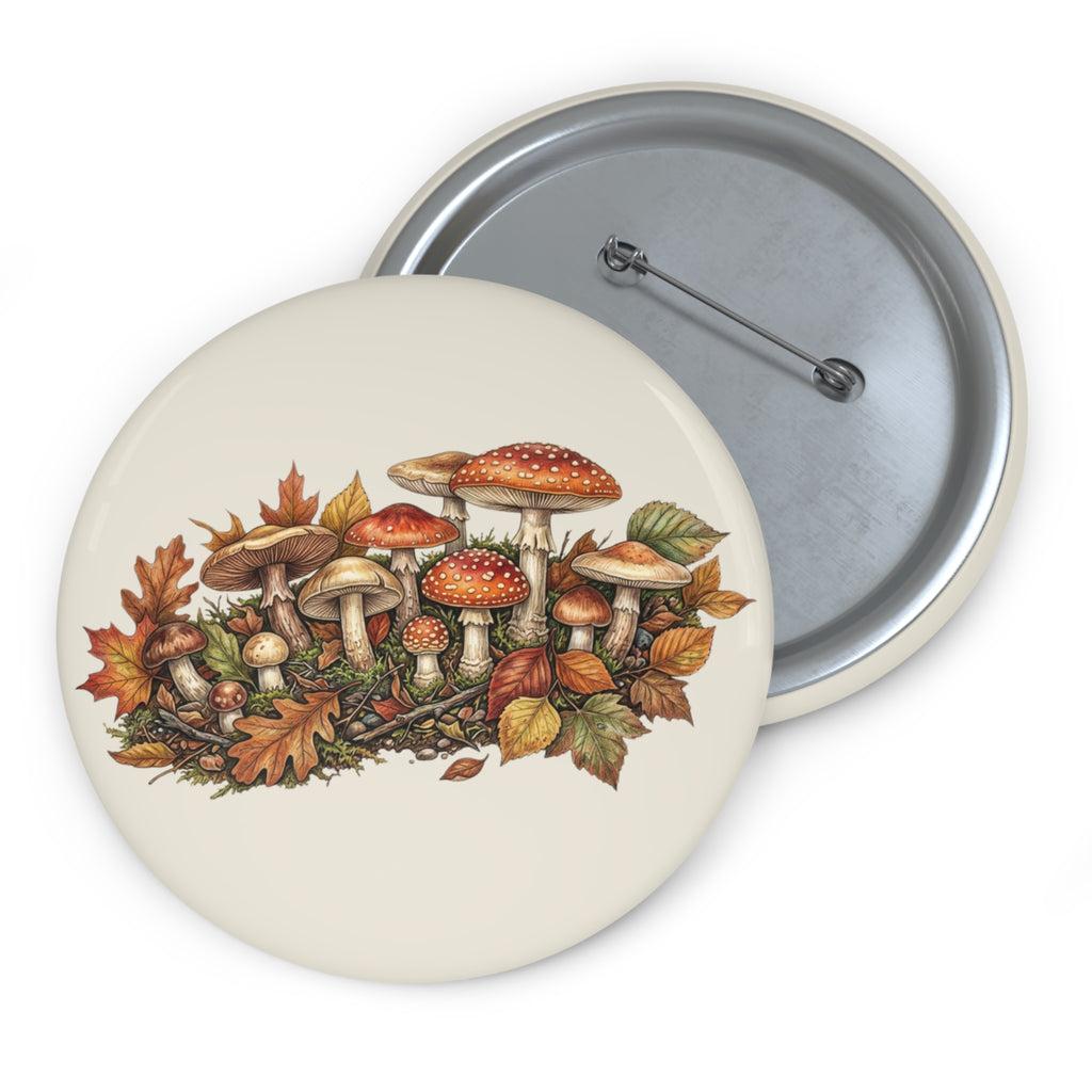 Autumn Mushroom Pin Button – Hand-Drawn Fall Fungi Badge