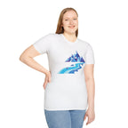 Mountain River T-Shirt — Geometric Blue Peaks & Flowing River