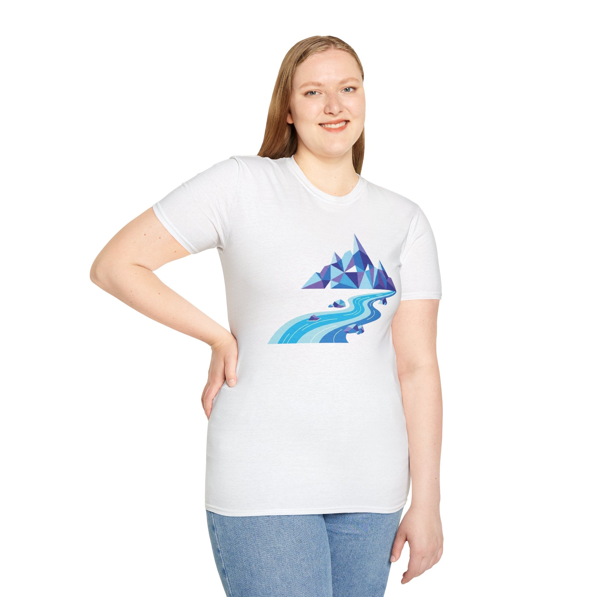 Mountain River T-Shirt — Geometric Blue Peaks & Flowing River