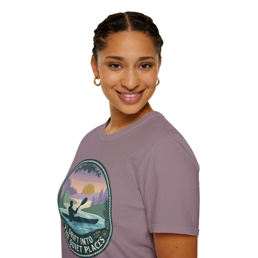 Kayak Sunset T‑Shirt — "Drift Into The Quiet Places" Outdoor Relaxation Tee