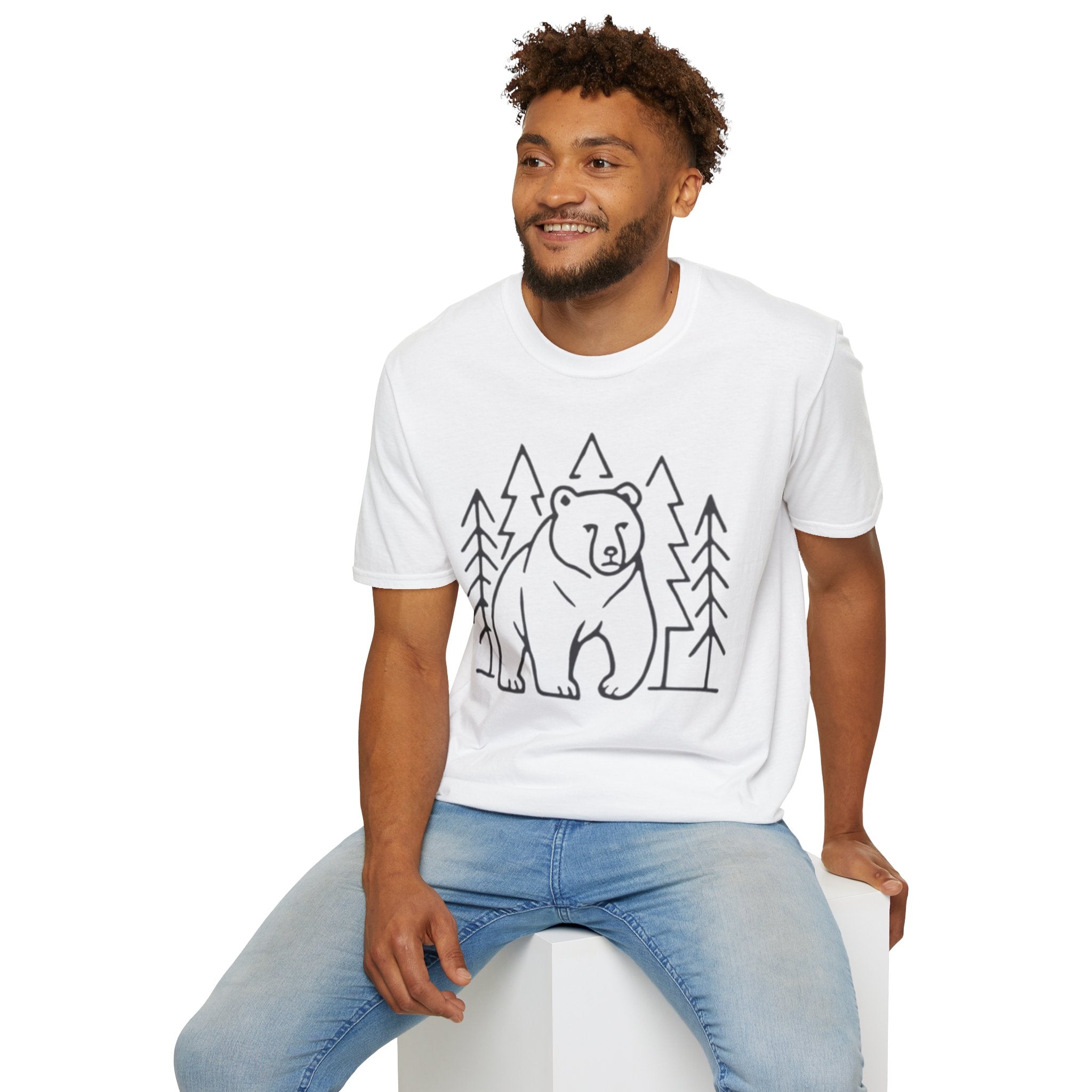 Bear & Pines T-Shirt — Minimal Line Drawing Woodland Tee