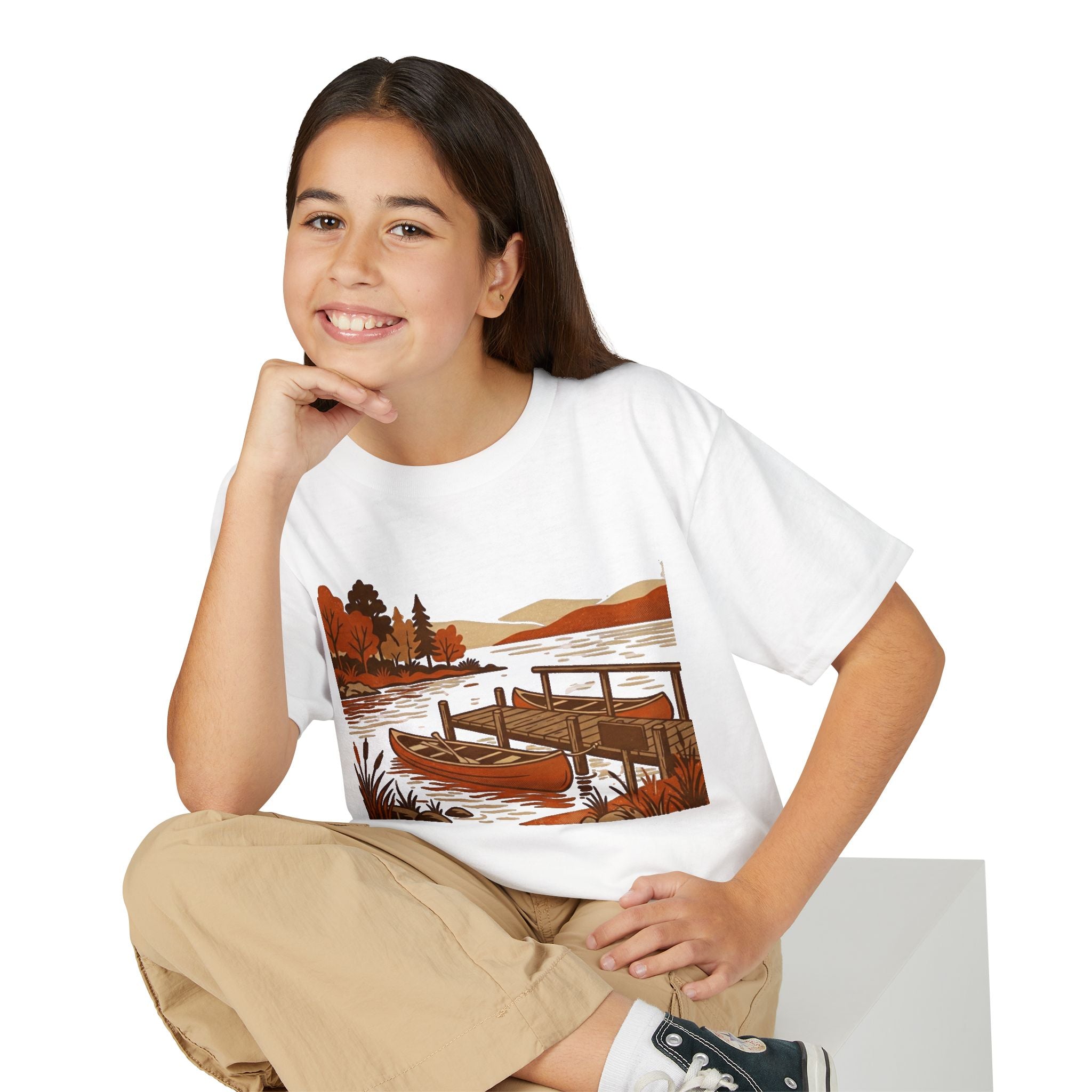 Youth T-Shirt — Autumn Lakeside Dock & Canoe Kids Tee