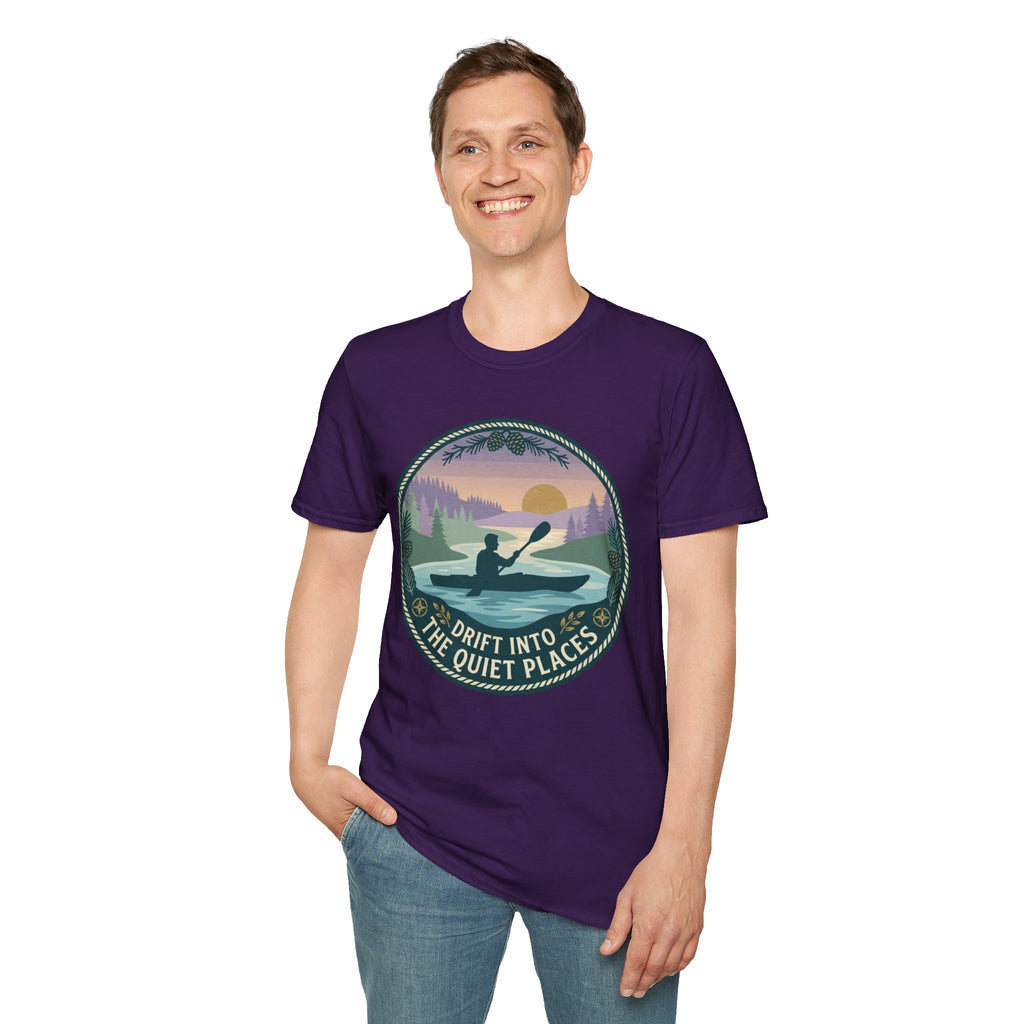 Kayak Sunset T‑Shirt — "Drift Into The Quiet Places" Outdoor Relaxation Tee