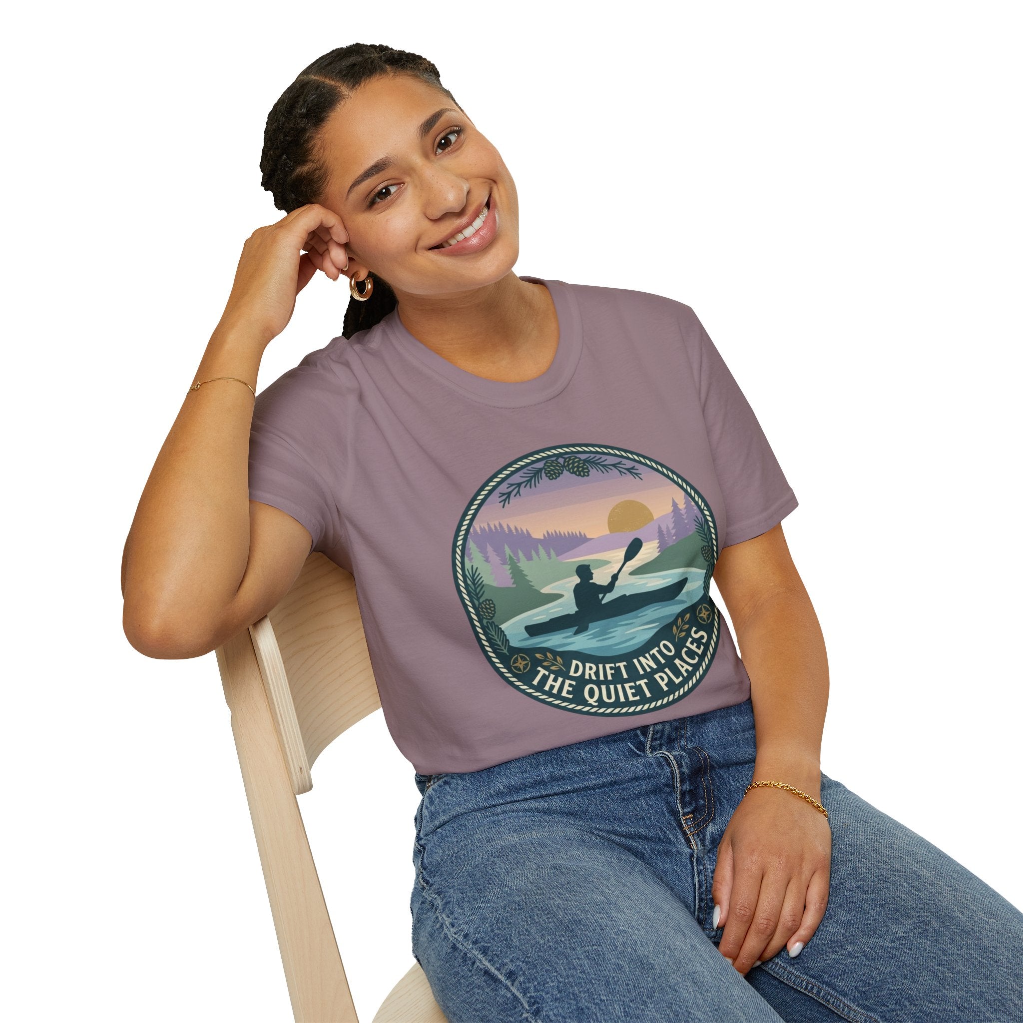 Kayak Sunset T‑Shirt — "Drift Into The Quiet Places" Outdoor Relaxation Tee
