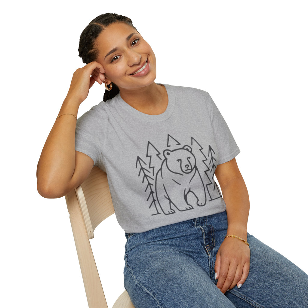 Bear & Pines T-Shirt — Minimal Line Drawing Woodland Tee
