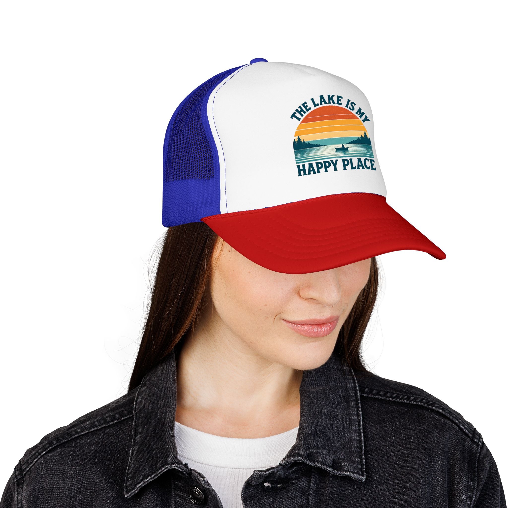 Lake Is My Happy Place Trucker Hat — Vintage Sunset Fishing Foam Cap