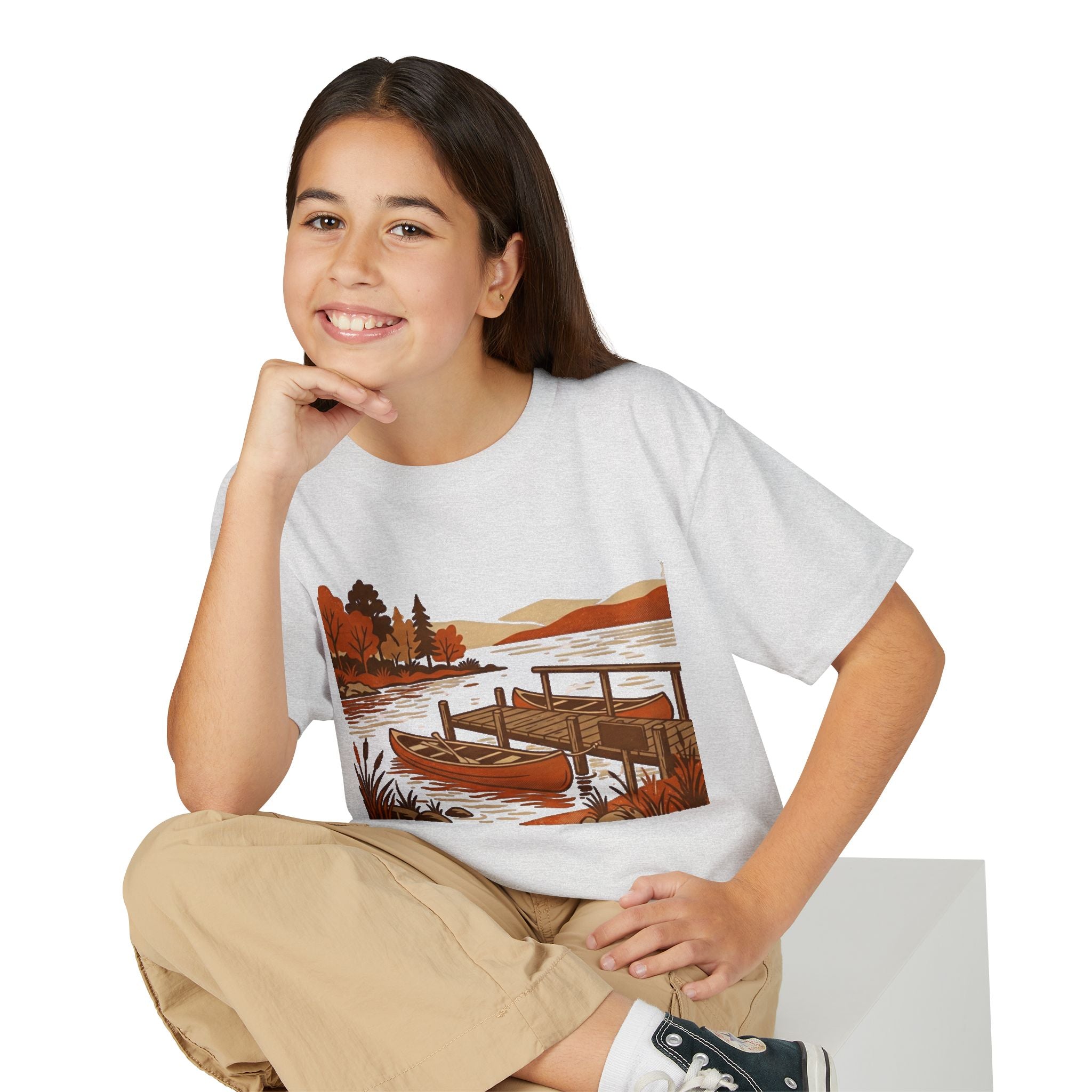 Youth T-Shirt — Autumn Lakeside Dock & Canoe Kids Tee