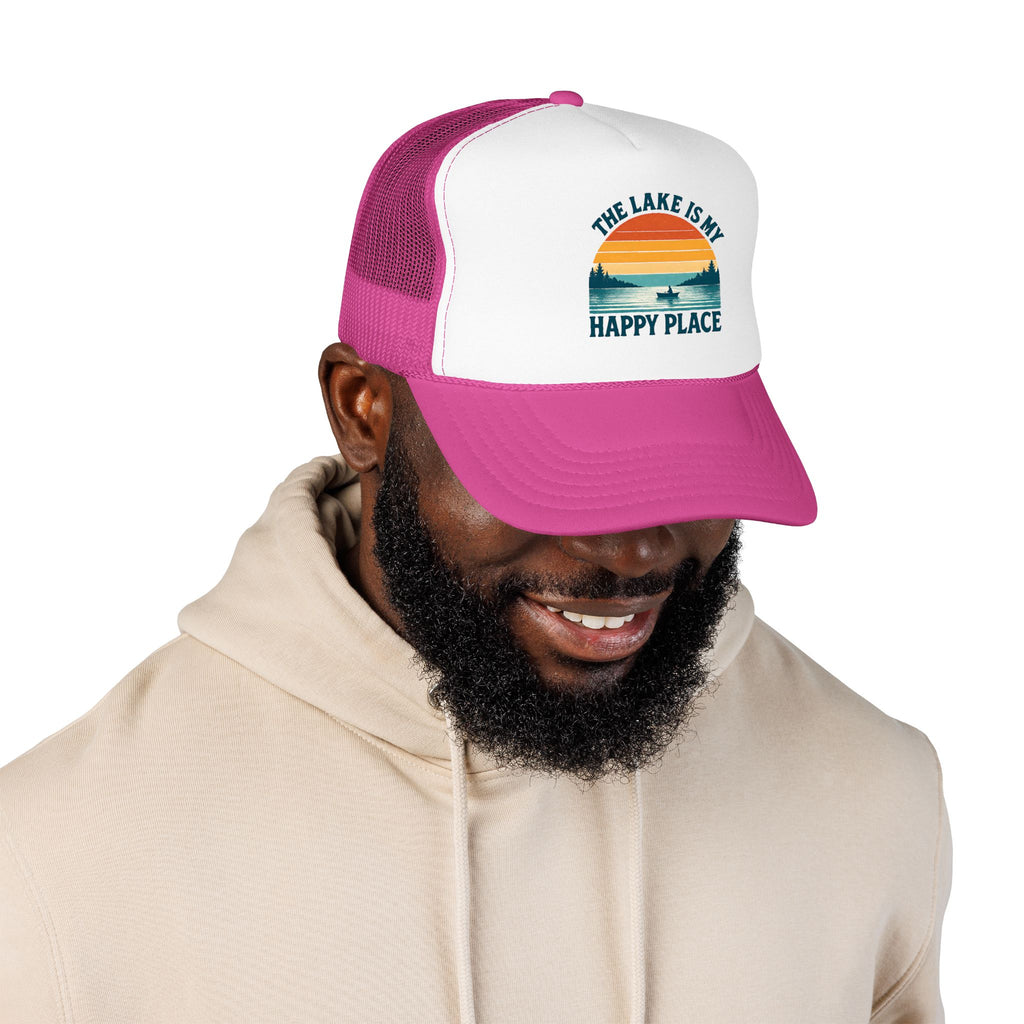 Lake Is My Happy Place Trucker Hat — Vintage Sunset Fishing Foam Cap