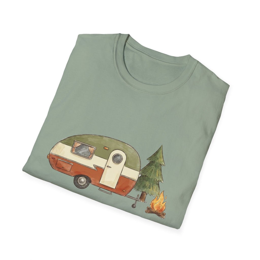 Vintage Camper & Campfire T-Shirt — Retro Trailer Camping Graphic Tee