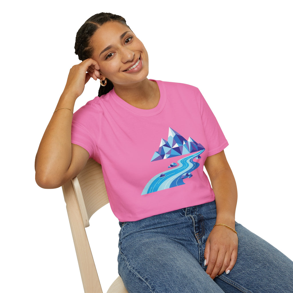Mountain River T-Shirt — Geometric Blue Peaks & Flowing River