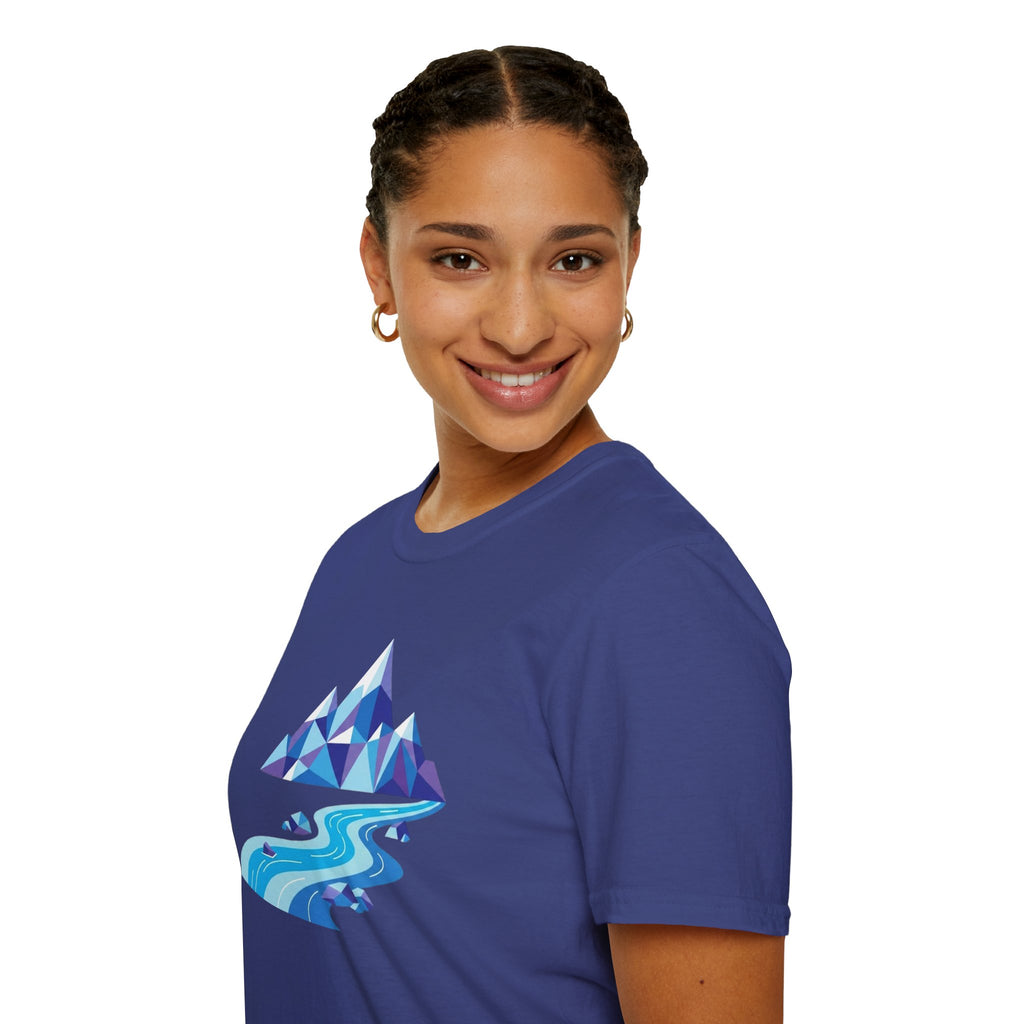 Mountain River T-Shirt — Geometric Blue Peaks & Flowing River