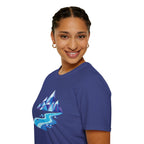 Mountain River T-Shirt — Geometric Blue Peaks & Flowing River