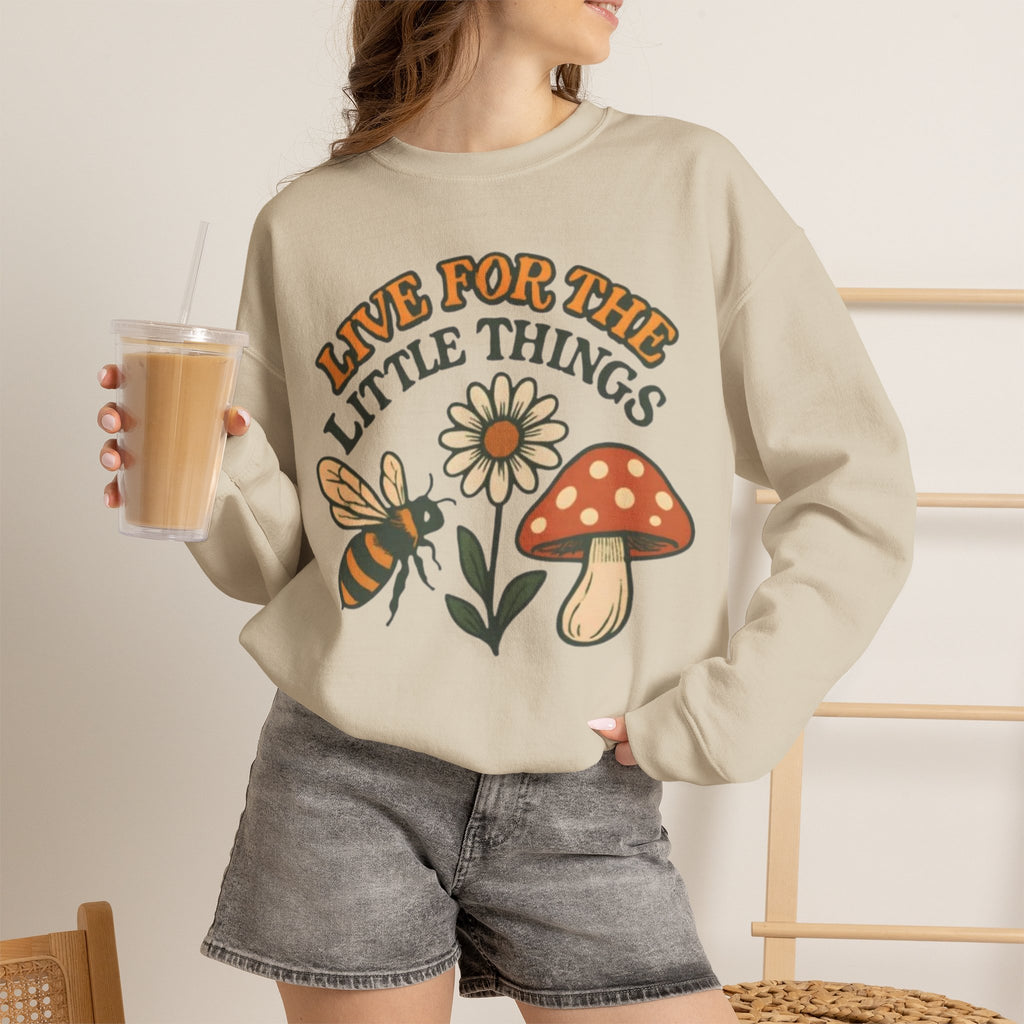 "Live For The Little Things" Bee, Daisy & Mushroom Retro Nature Design Crewneck Sweatshirt