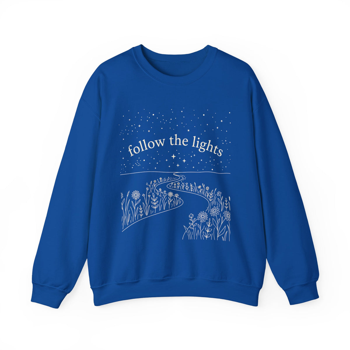"Follow the Lights" Cozy Night Sky Wildflower Path Crewneck Sweatshirt