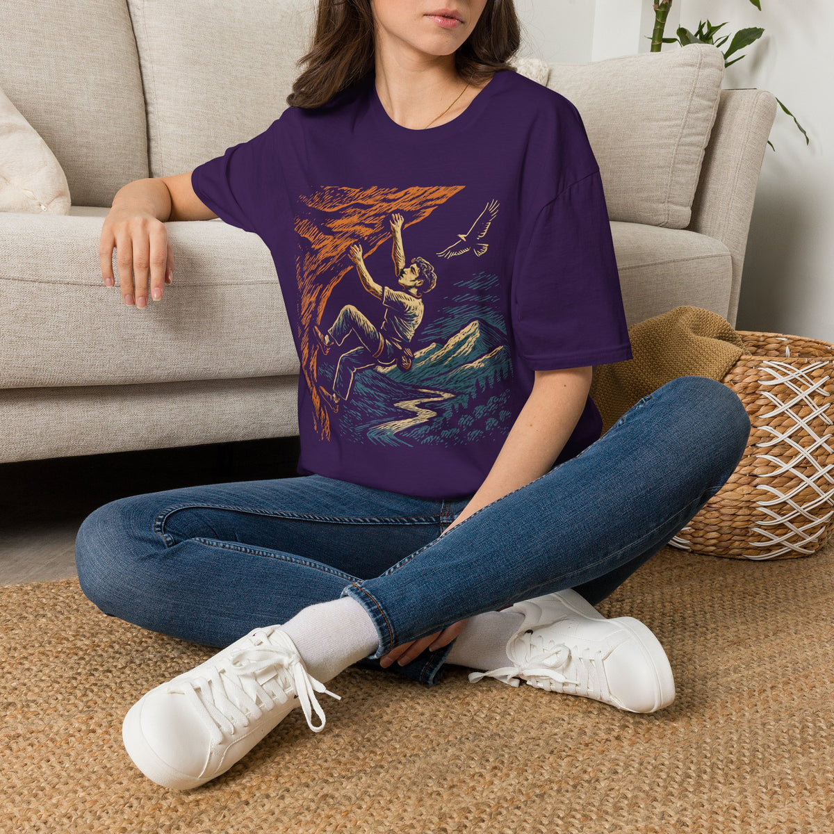 Climber on Cliff with Eagle T-Shirt - Mountain Climber Tee