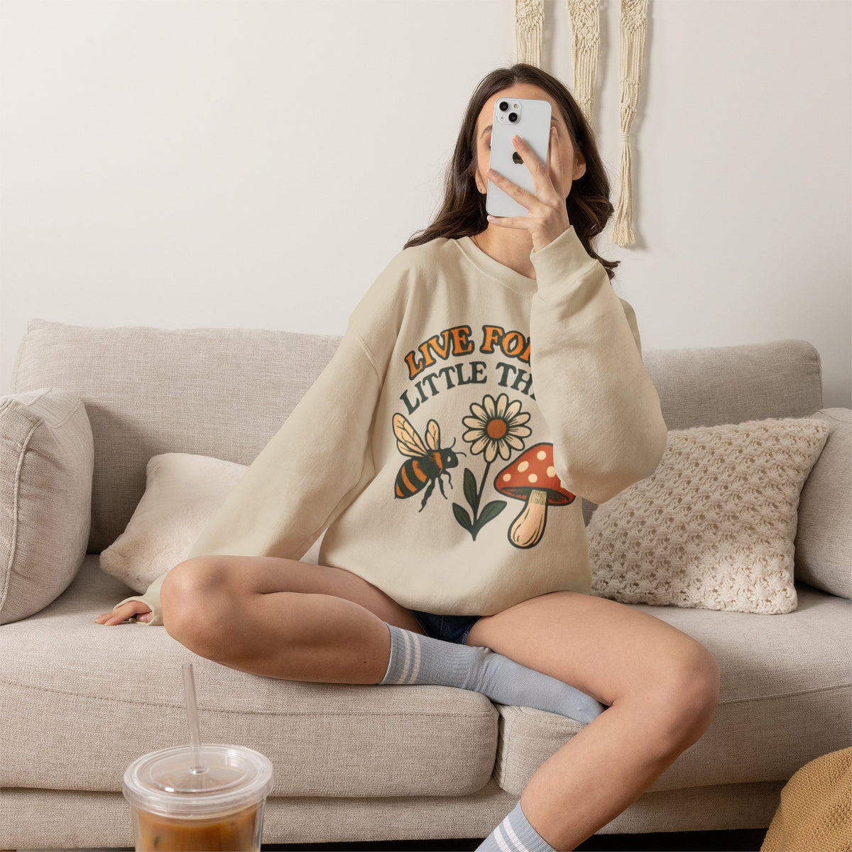 "Live For The Little Things" Bee, Daisy & Mushroom Retro Nature Design Crewneck Sweatshirt