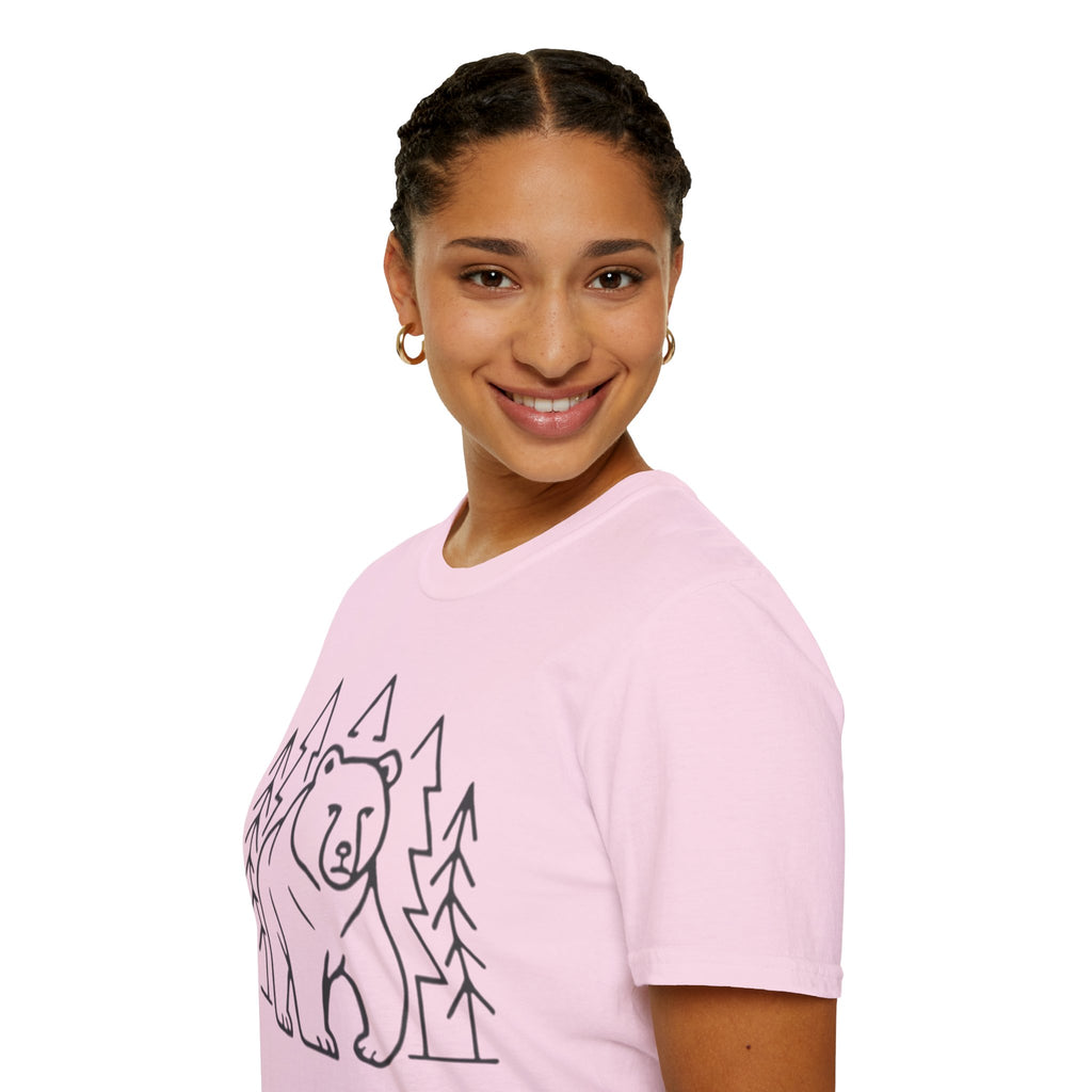 Bear & Pines T-Shirt — Minimal Line Drawing Woodland Tee