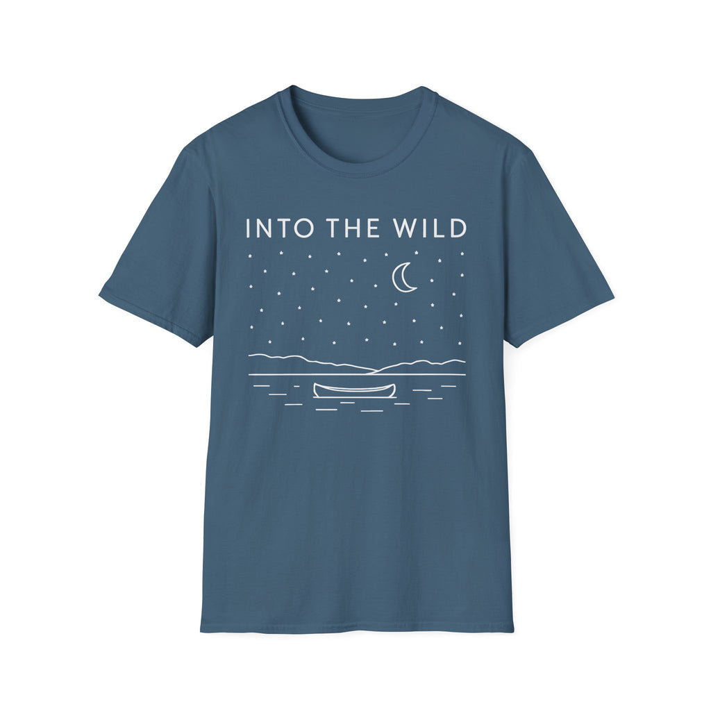 Into The Wild Canoe T-Shirt - Minimal Night Sky Lake Camping Tee