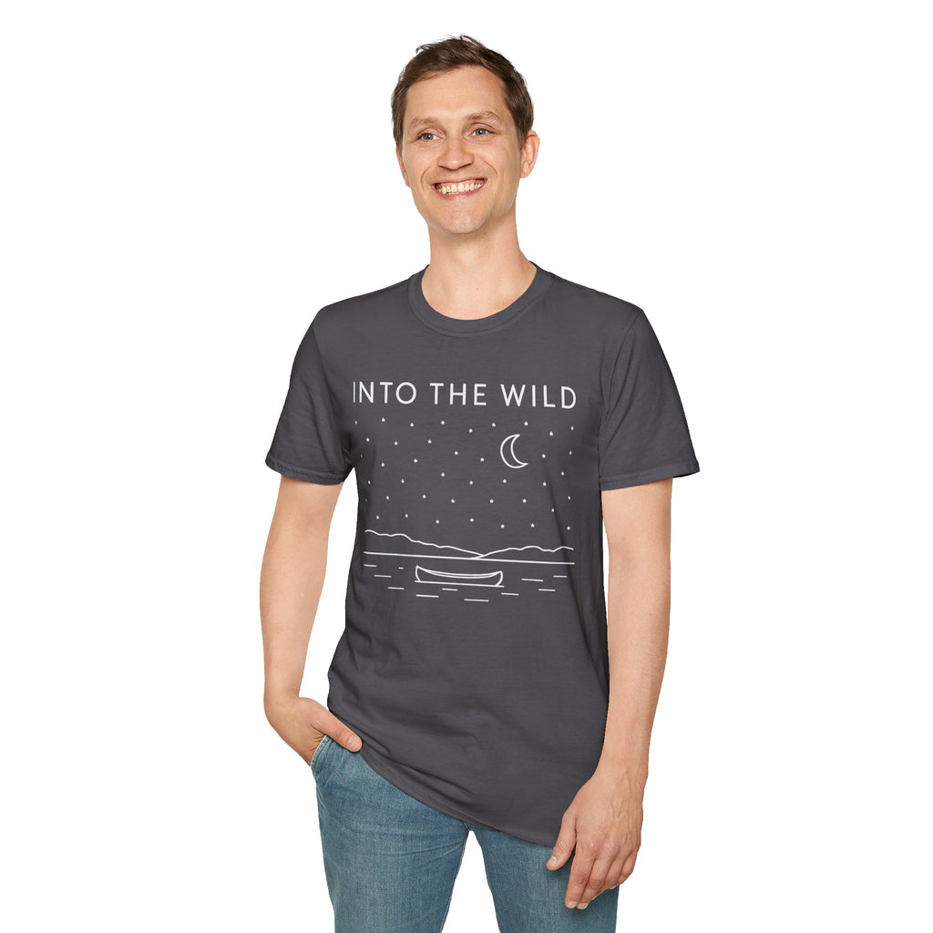 Into The Wild Canoe T-Shirt - Minimal Night Sky Lake Camping Tee