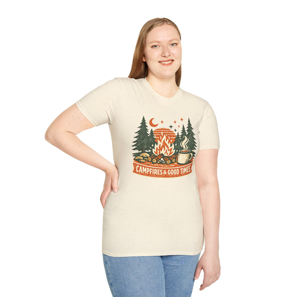 "Campfires & Good Times" T-Shirt — Retro Camping Tee with Bonfire, Trees & Coffee Mug